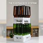 FastRack 12-bottle drying rack with tray, made of stainless steel, holding drying bottles and accessories for kitchen use.