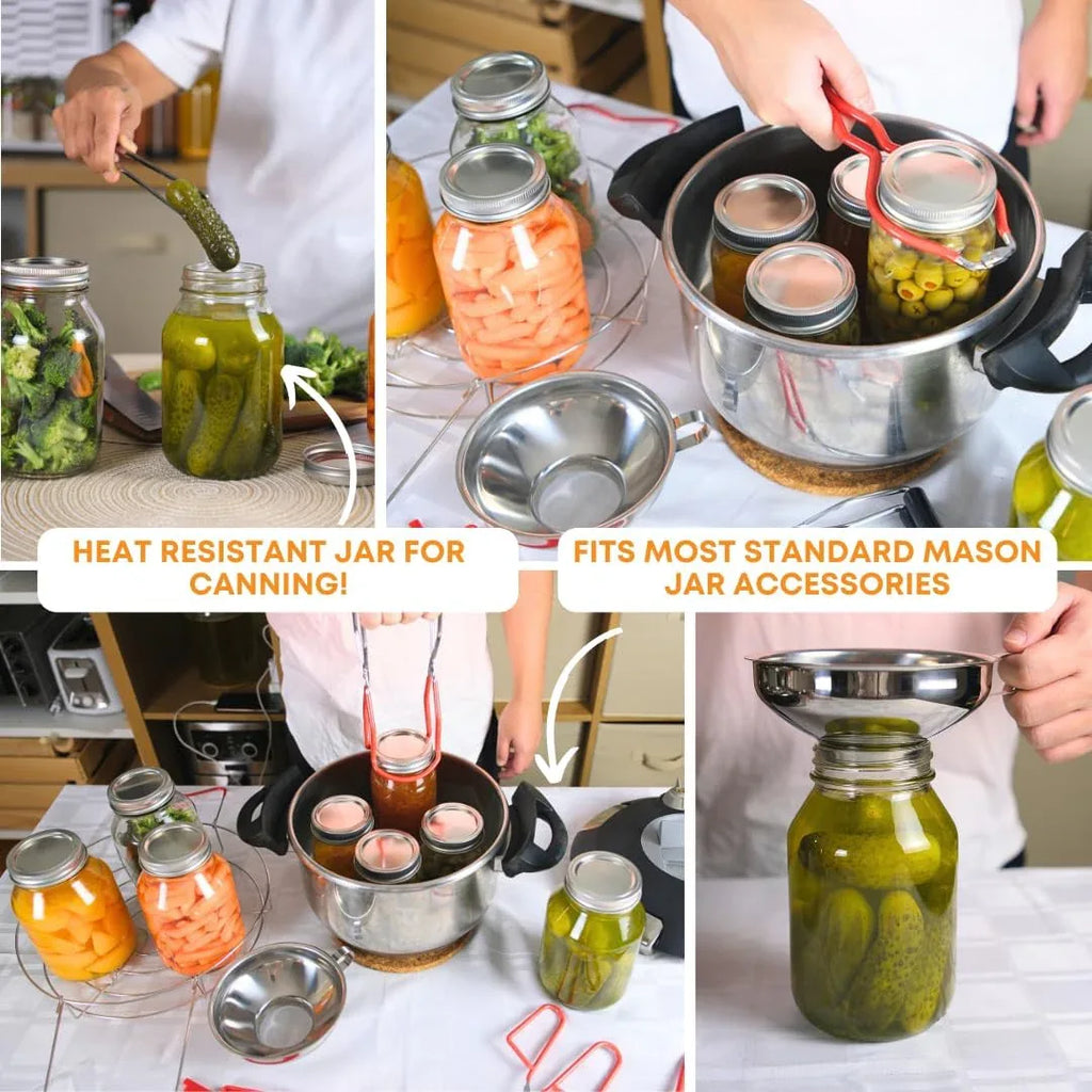 Two 32oz FastRack glass mason jars with metal lids, clear and sturdy, ideal for storage or preserving in the kitchen.