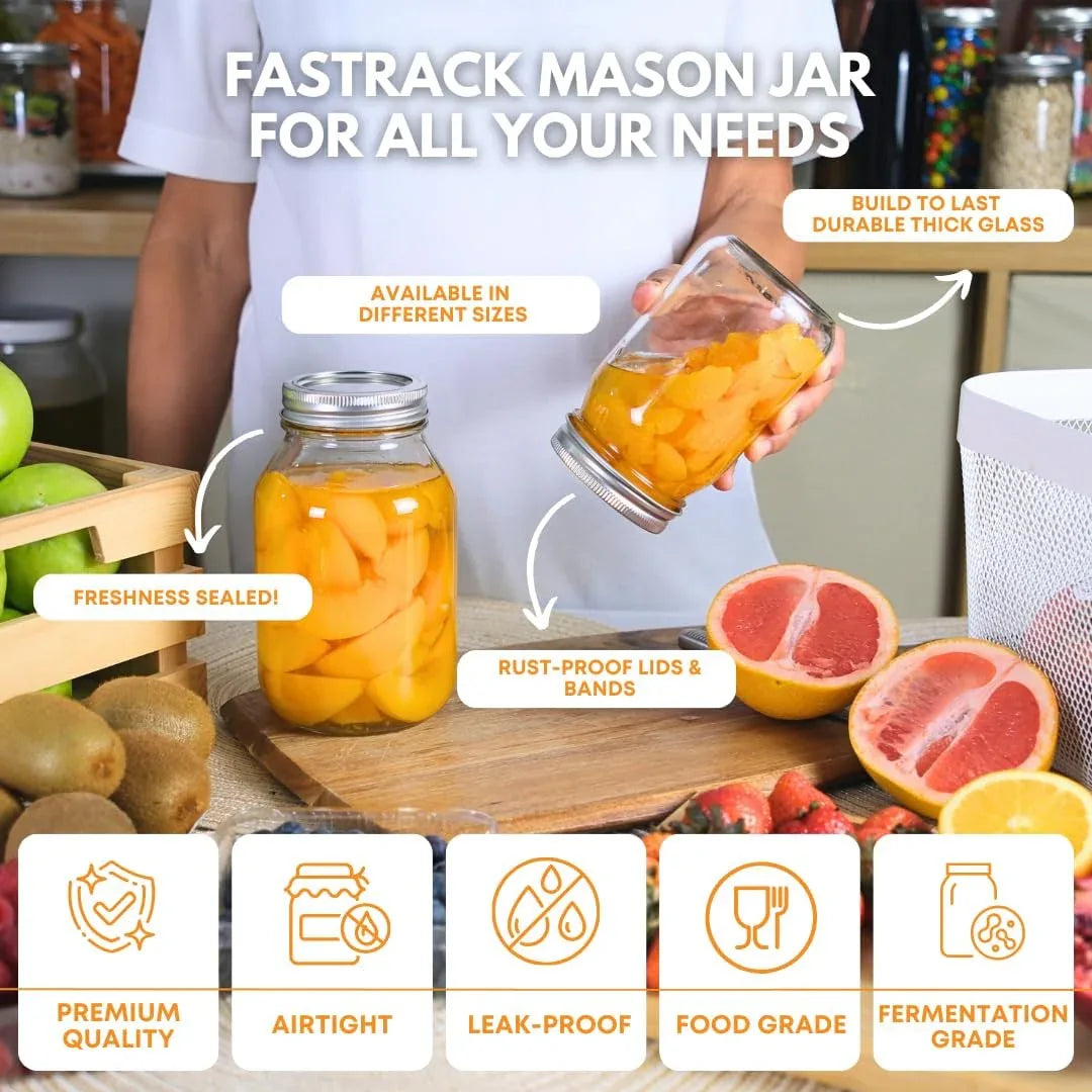 Two 32oz FastRack glass mason jars with metal lids, shown side by side for storage or canning purposes.