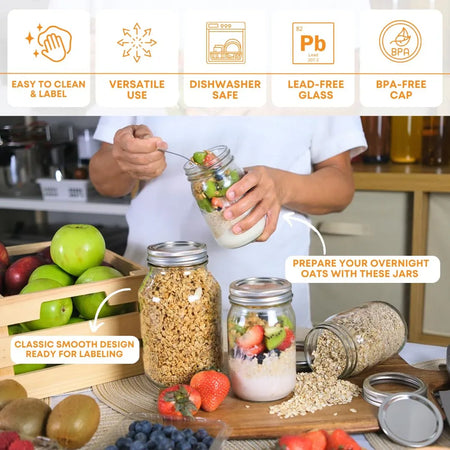 FastRack 16 oz glass mason jars, pack of 2, showing clear glass jars with metal screw-top lids for home canning and storage.