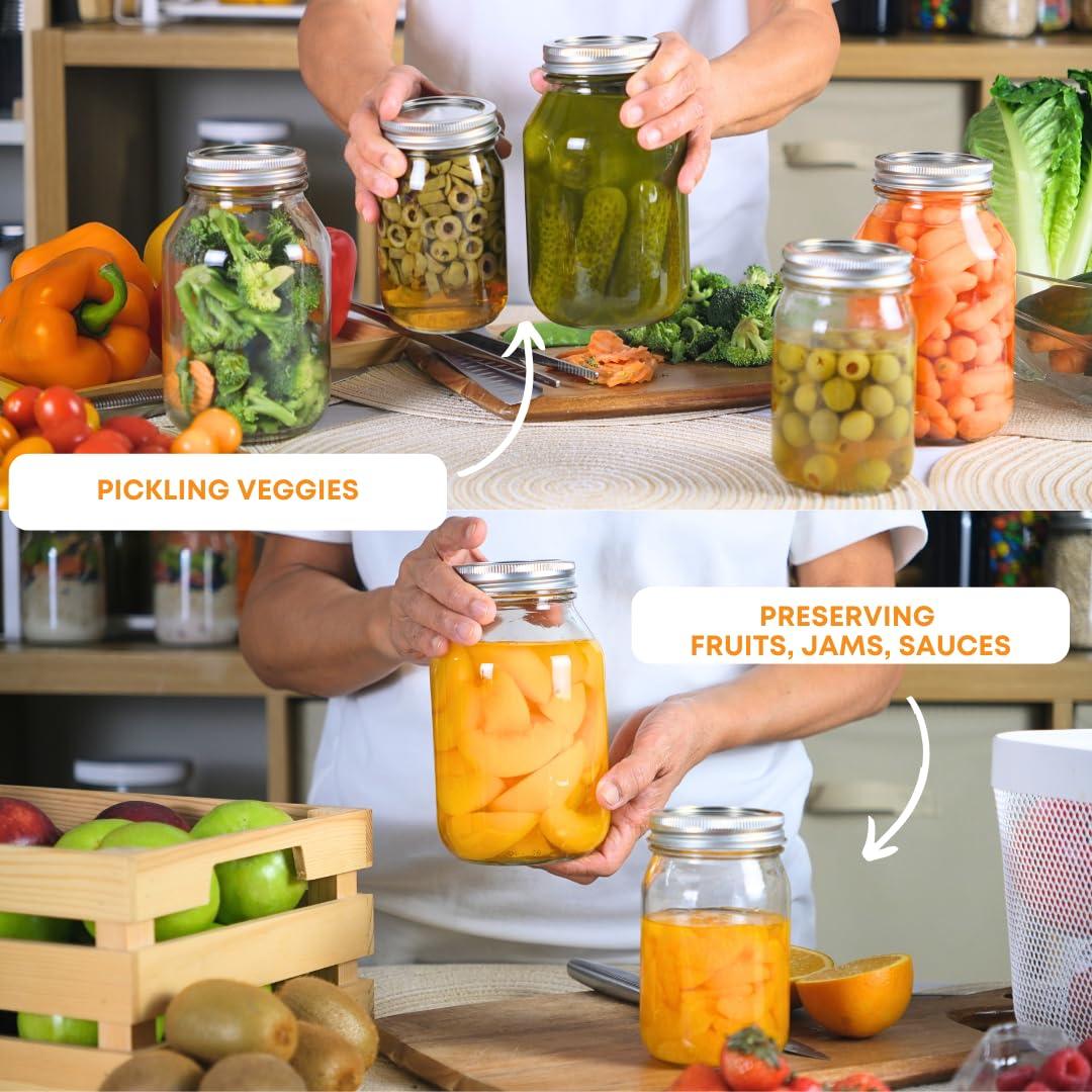 FastRack 16 oz glass mason jars, pack of 2, featuring clear glass and metal screw-on lids, ideal for storage and canning.