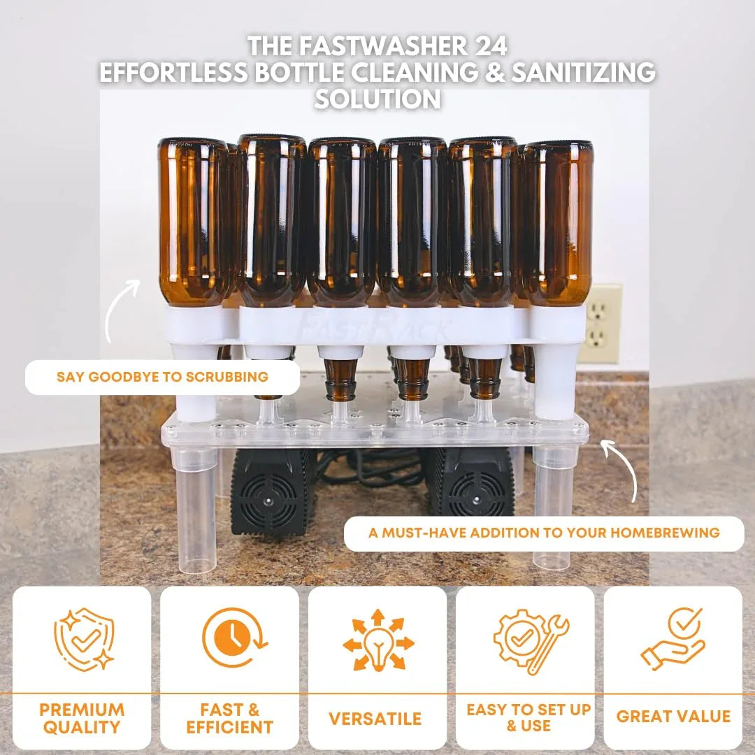 FastWasher 24 beer and wine bottle cleaner showing the compact bottle washer in use, designed for efficient cleaning of bottles.