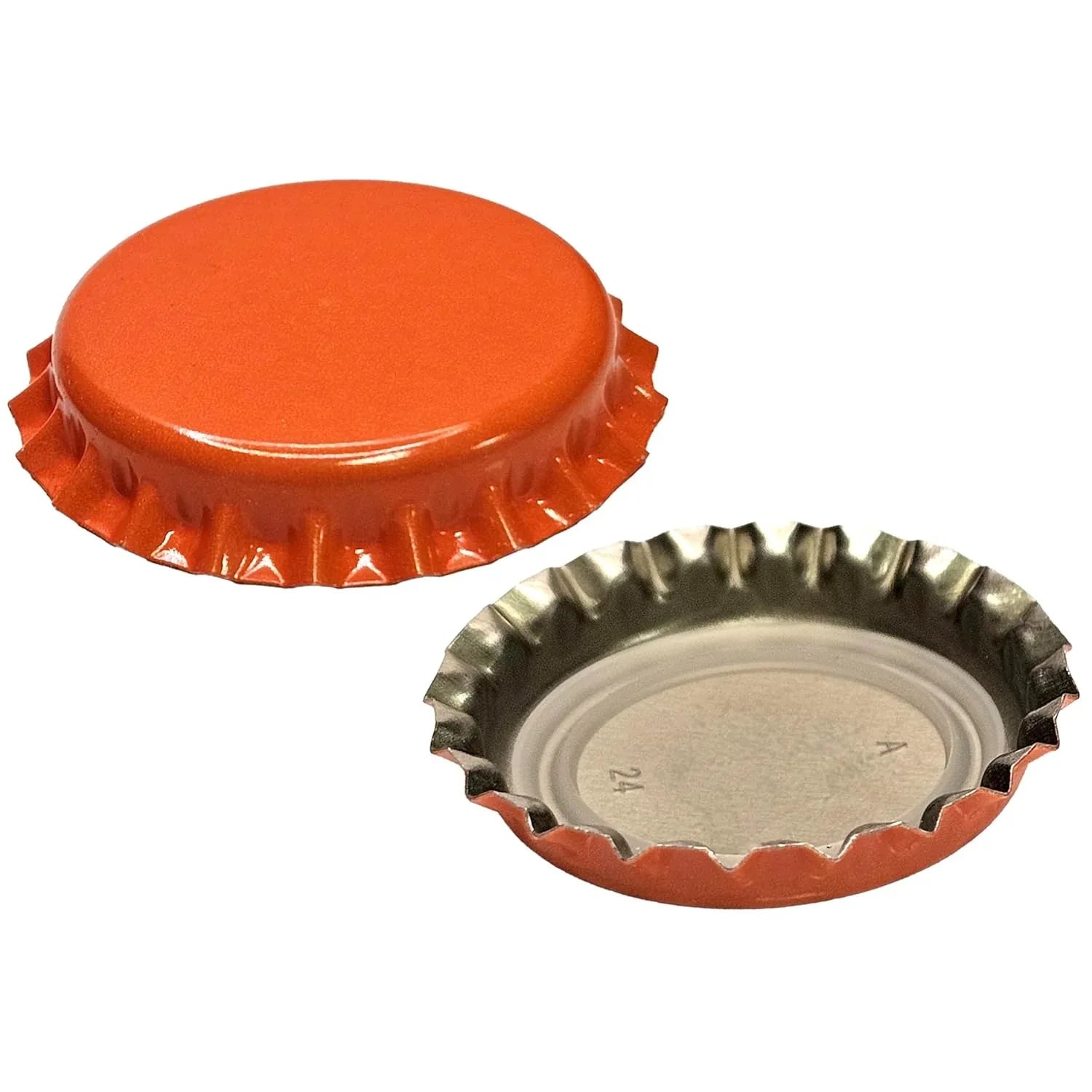 Orange oxygen absorbing beer bottle caps by FastRack, designed to preserve beer freshness and prevent oxidation.