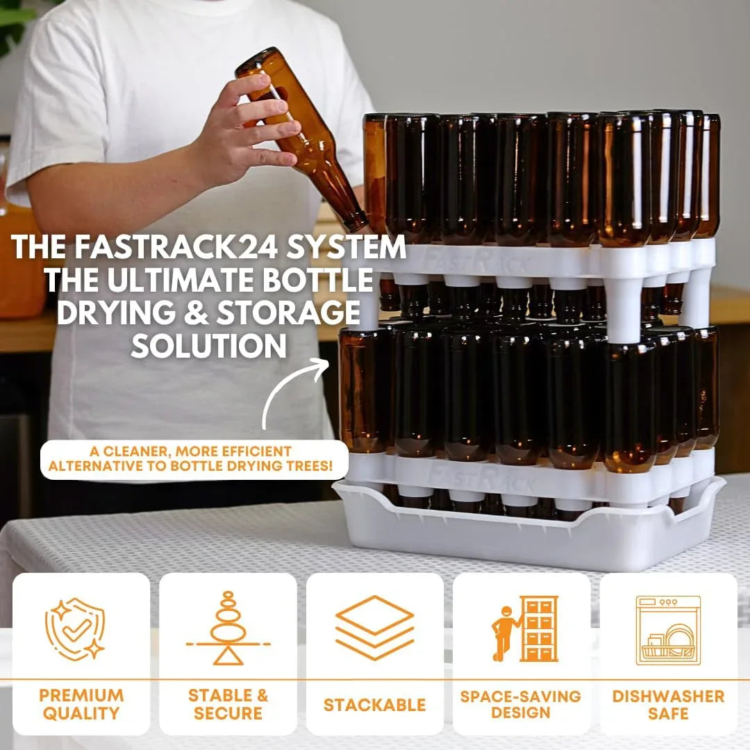 FastRack 24-bottle drying rack with tray for air drying wine bottles, made of durable metal with a sleek design.