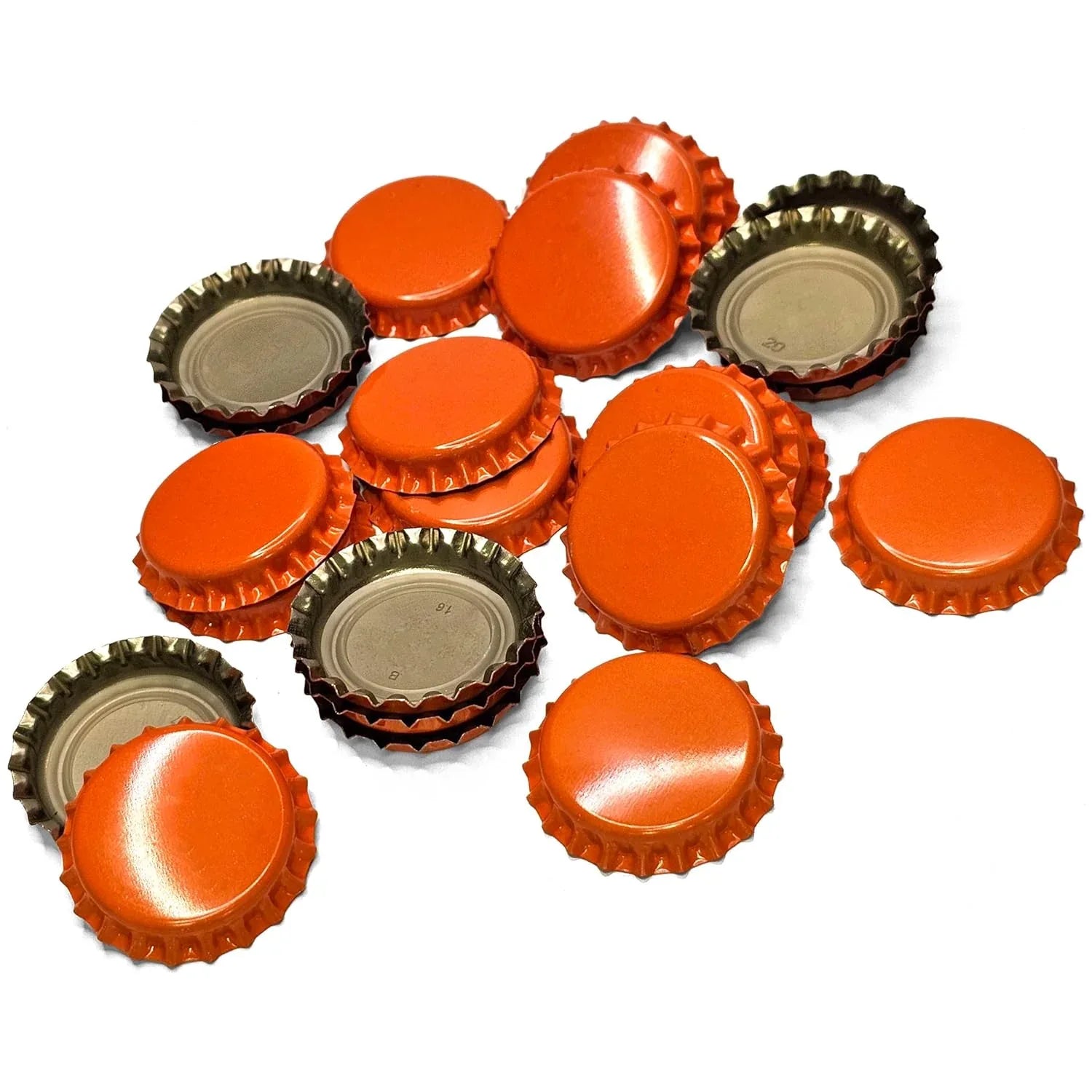 Orange oxygen-absorbing beer bottle caps by FastRack, designed to preserve freshness in beer bottles.
