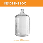Clear 5-gallon Italian glass carboy for fermentation, made by FastRack, with a wide mouth and sturdy handle for easy handling.