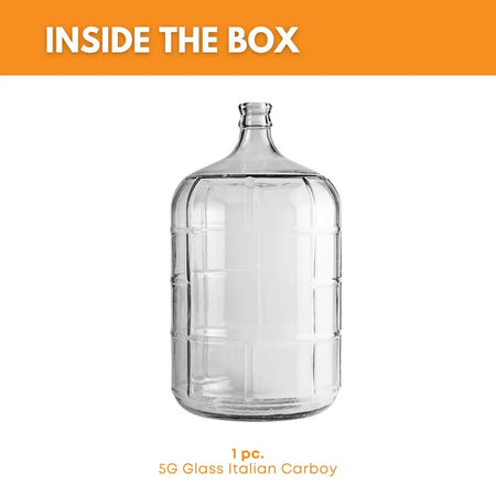 Clear 5-gallon Italian glass carboy for fermentation, made by FastRack, with a wide mouth and sturdy handle for easy handling.