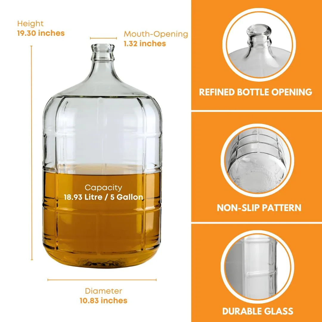 Clear 5-gallon Italian glass carboy from FastRack with a wide mouth and sturdy handle, ideal for fermentation and wine making.