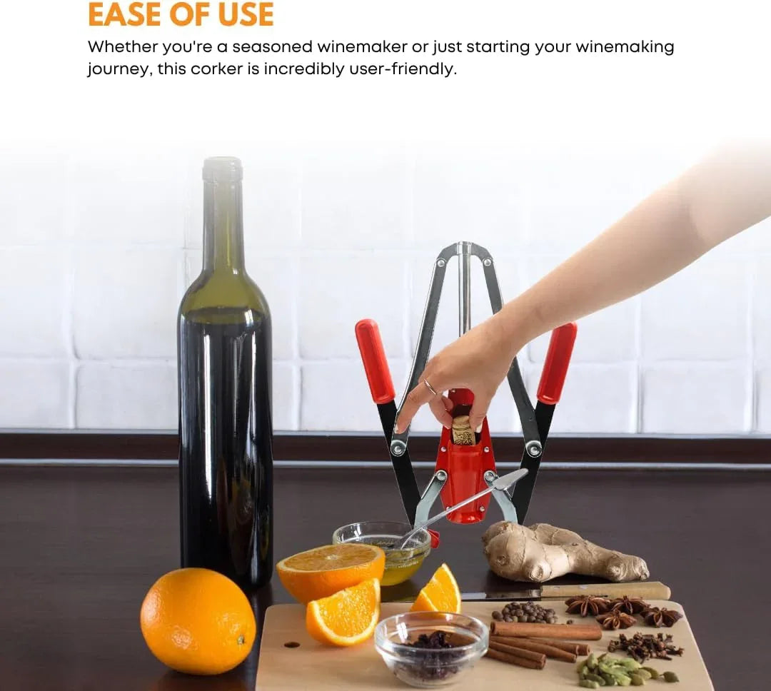 Red Portuguese double-lever hand corker by FastRack for sealing wine bottles with ease and precision.
