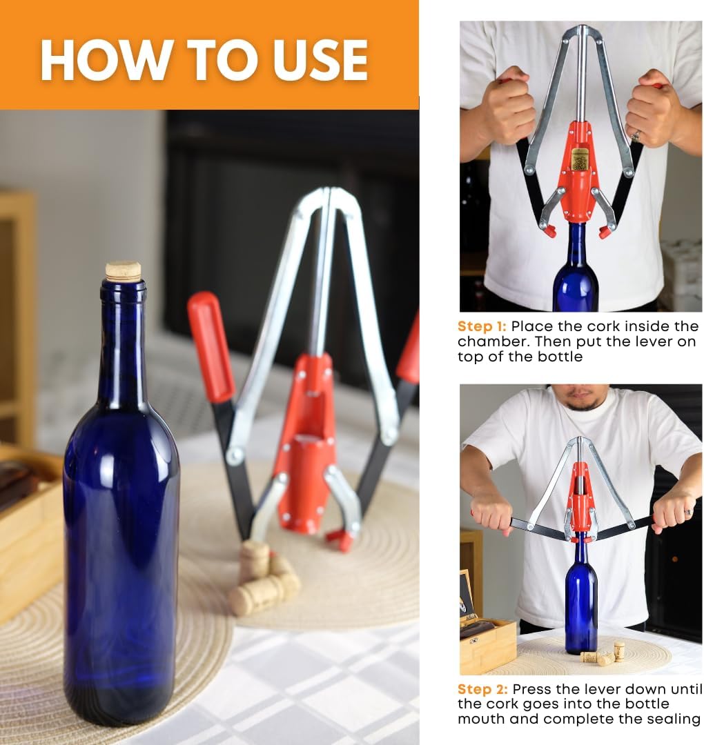 Red Portuguese double-lever hand corker by FastRack for sealing wine bottles with ease and precision.