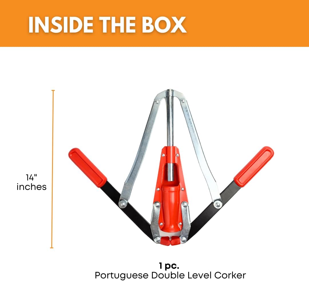 Red Portuguese double-lever hand corker by FastRack with ergonomic handles for sealing wine bottles efficiently.