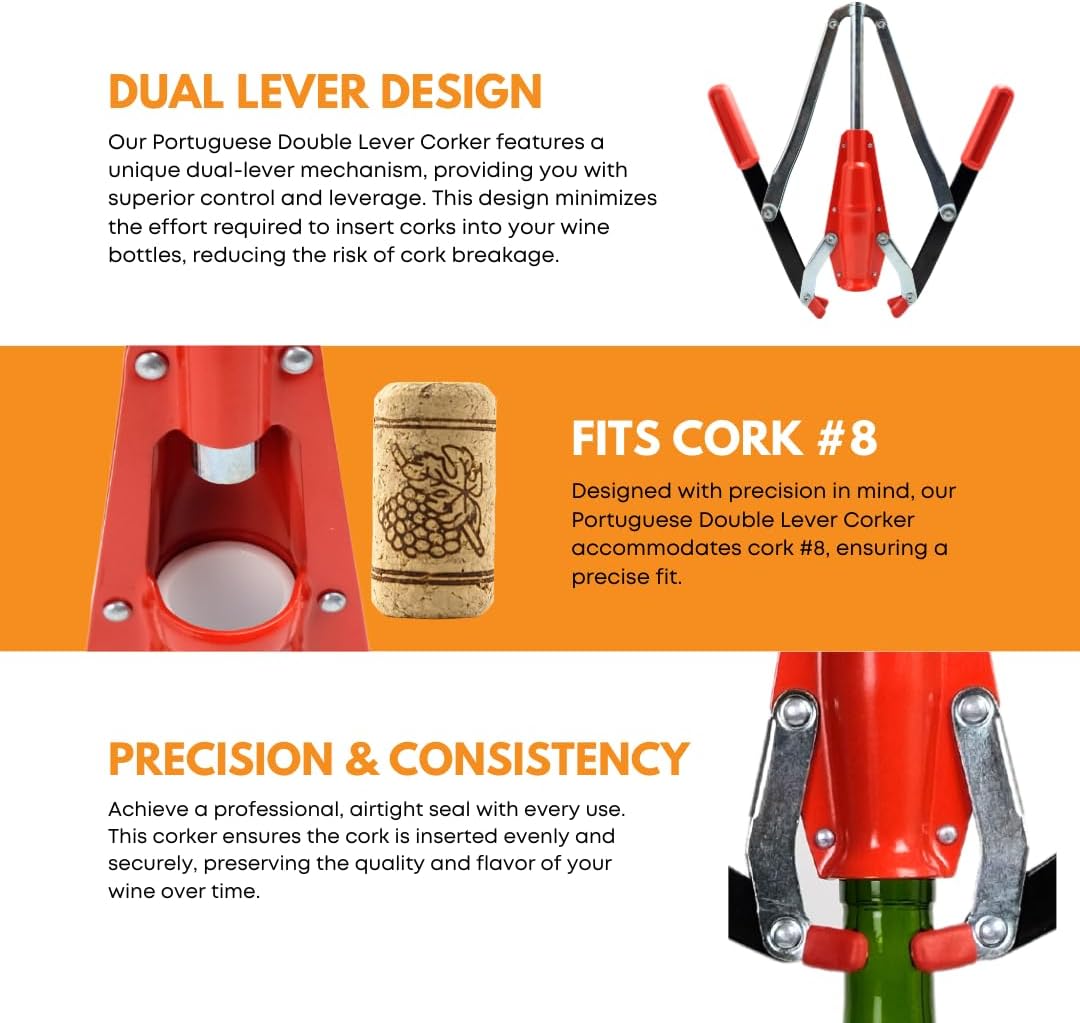 Red Portuguese double-lever hand corker by FastRack for sealing wine bottles with ease and precision.
