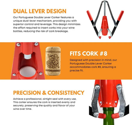 Red Portuguese double-lever hand corker by FastRack for sealing wine bottles with ease and precision.