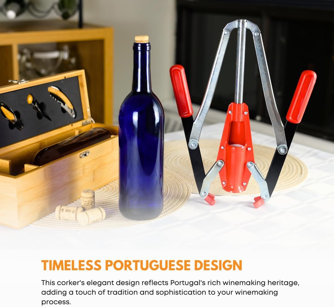 Red Portuguese double-lever hand corker by FastRack for sealing wine bottles with ease, featuring ergonomic double-lever design.