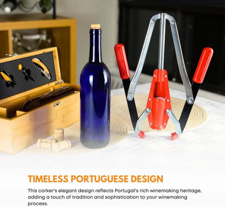 Red Portuguese double-lever hand corker by FastRack for sealing wine bottles with ease, featuring ergonomic double-lever design.