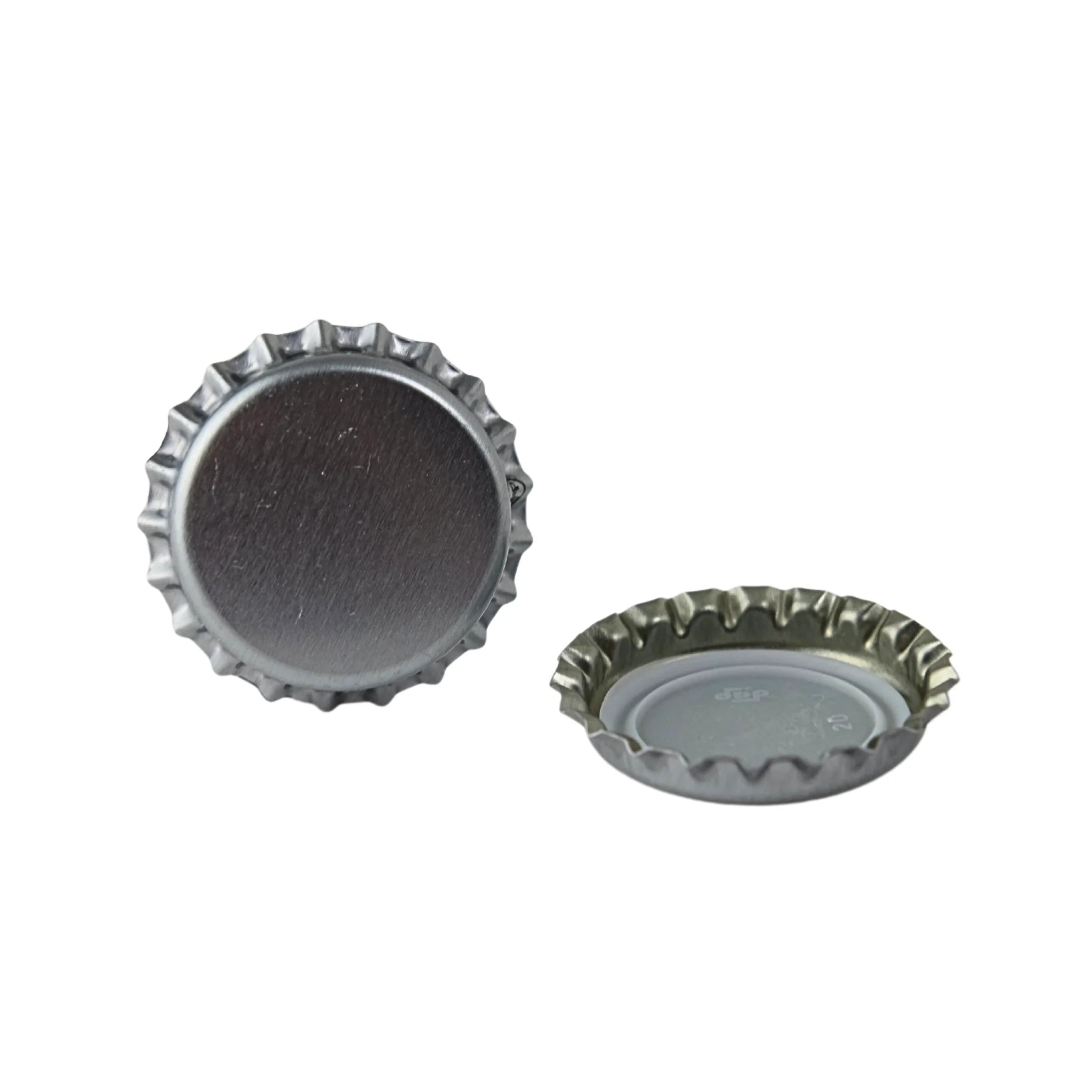 Silver oxygen absorbing beer bottle caps by FastRack, designed to preserve beer freshness and sealed securely.