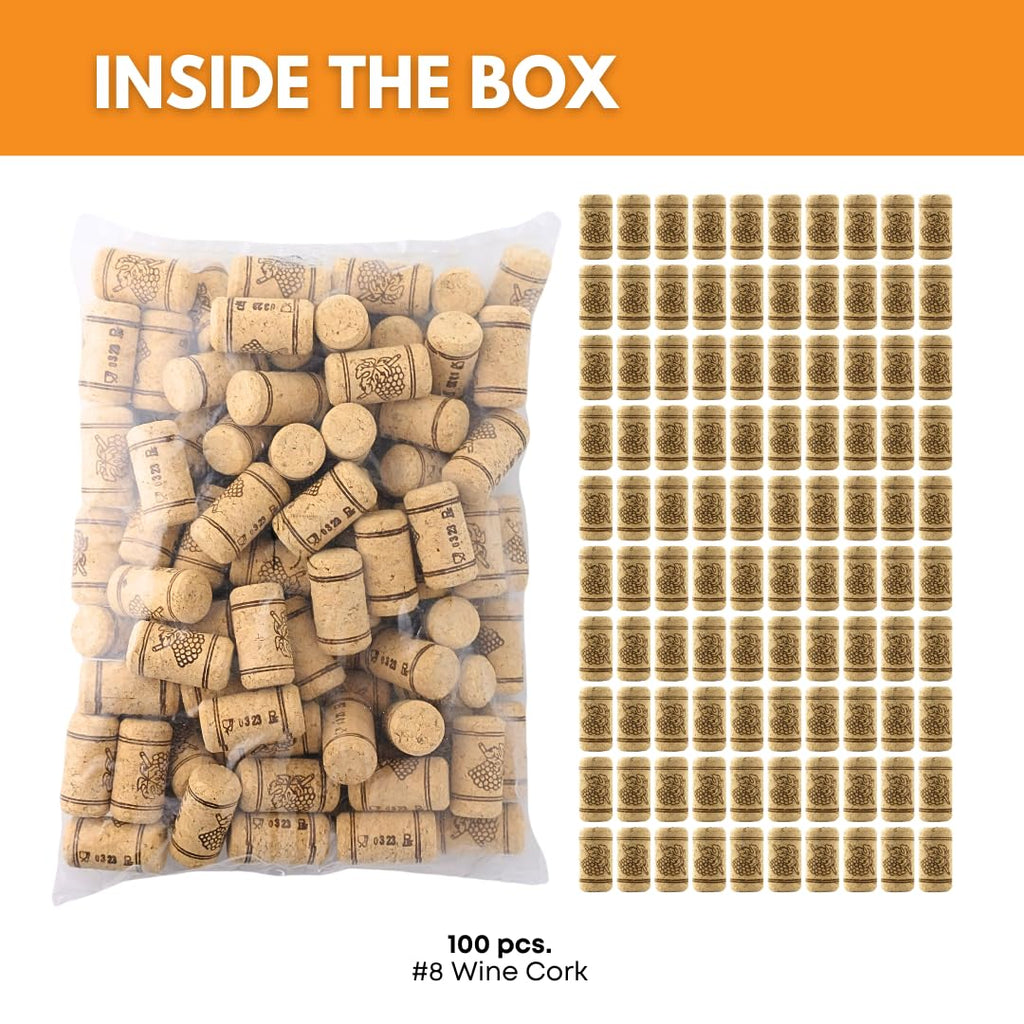 Set of 8 natural wine corks by FastRack, 100 pack, showing simple corks for sealing wine bottles, on a plain background.