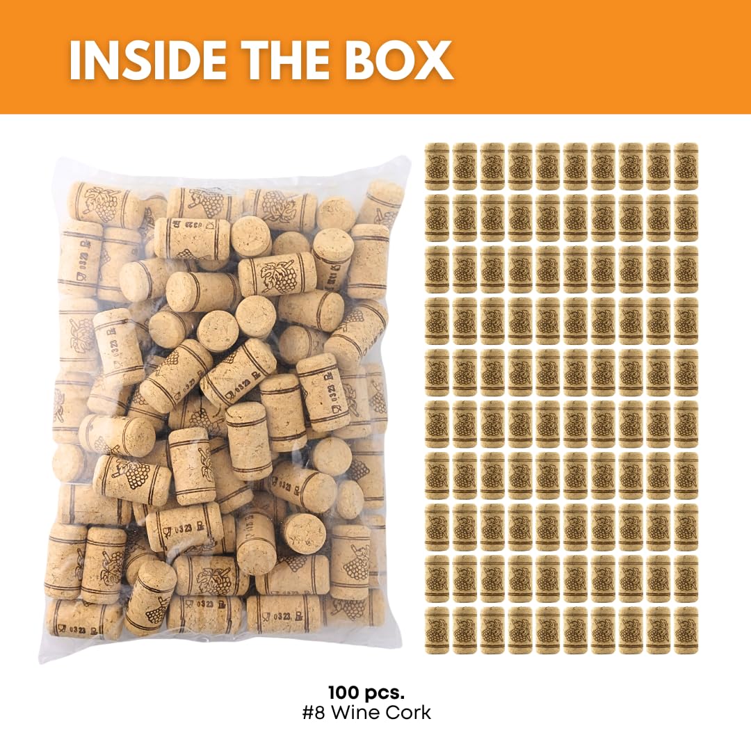 Set of 8 natural wine corks by FastRack, 100 pack, showing simple corks for sealing wine bottles, on a plain background.