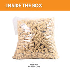 A large box of 1000 natural wine corks from FastRack, with corks arranged for packaging and storage.