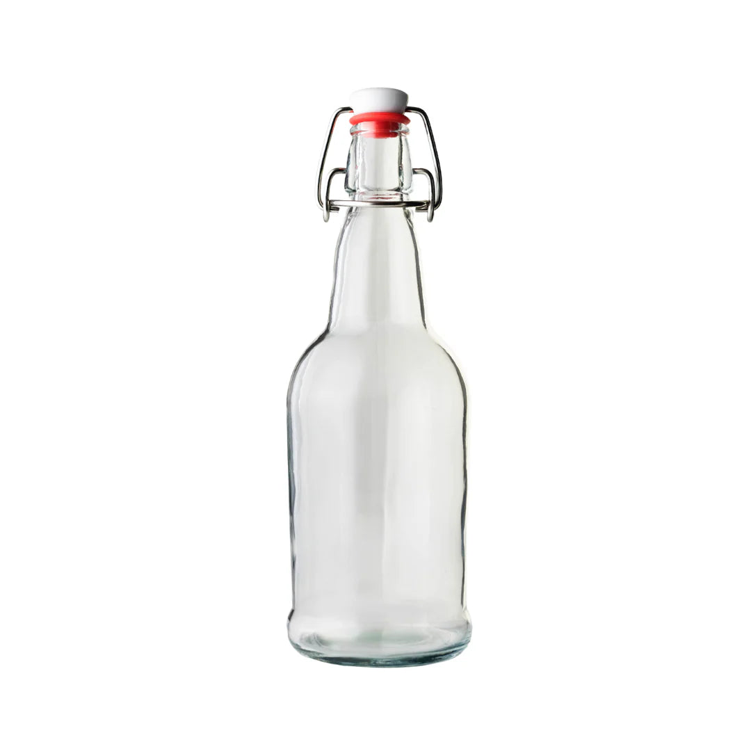 Set of 12 clear 500ml Swing Top Bottles by FastRack, featuring secure swing top lids for storing liquids or beverages.