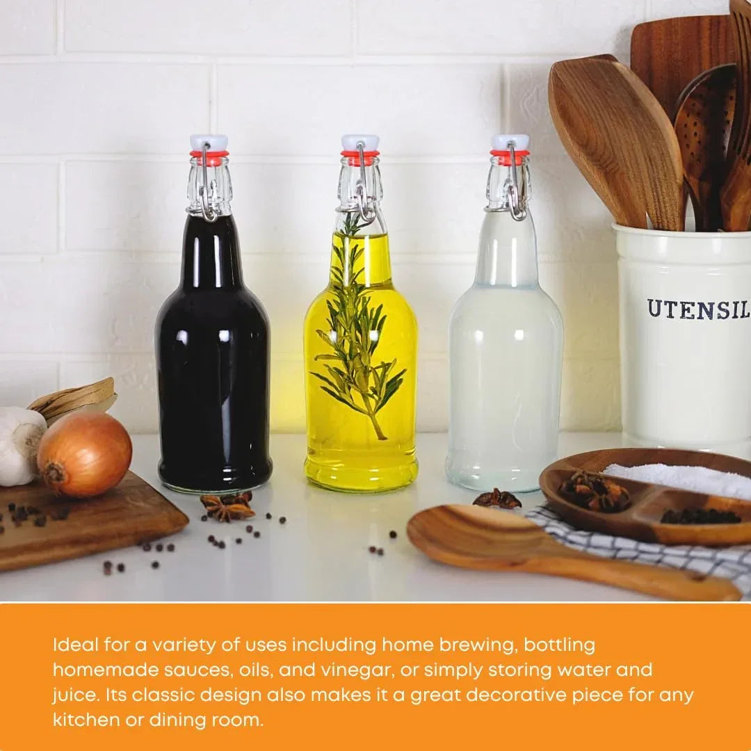 Set of 12 clear 500ml swing top bottles by FastRack with metal caps, ideal for beverages and homemade drinks.
