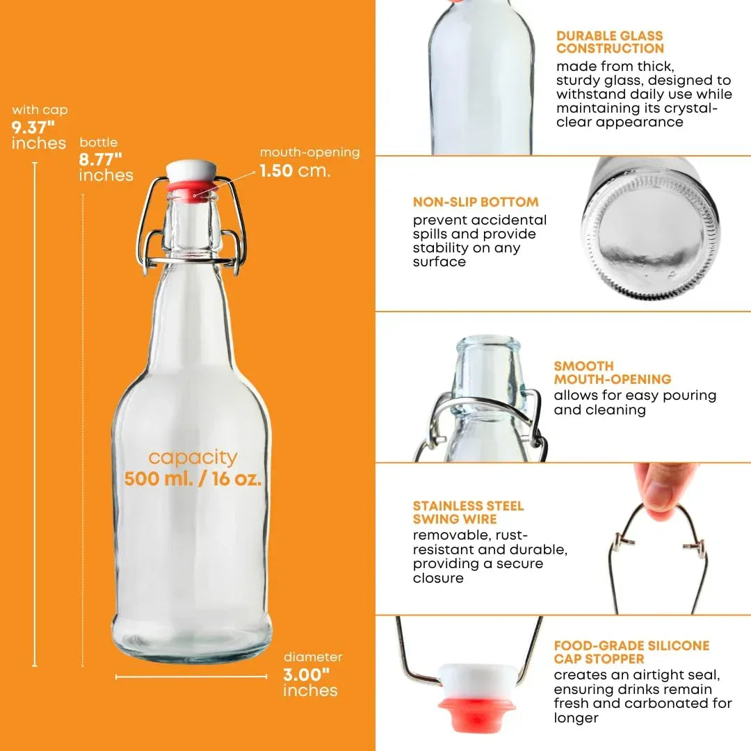 Set of 12 clear 500ml swing top bottles by FastRack, featuring secure lids and versatile glass design for beverages or storage.