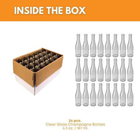 Set of 24 FastRack 187ml clear wine bottles, W187 Champagne bottles in a case, perfect for storing or serving beverages.