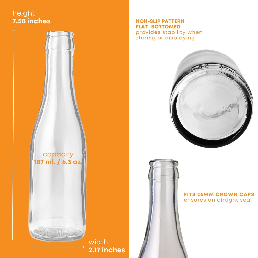 Set of 24 clear W187 Champagne bottles, 187ml wine bottles by FastRack, shown in a case on a white background.