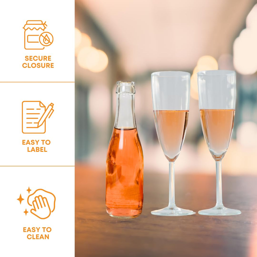 Set of 24 FastRack W187 Champagne bottles, 187ml clear glass wine bottles, perfect for sparkling wine storage.