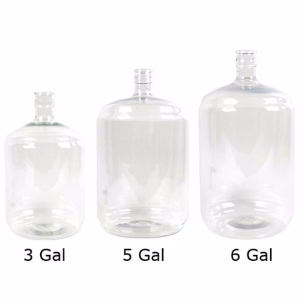Three clear carboys labeled 3 Gal, 5 Gal, and 6 Gal on a white background.
