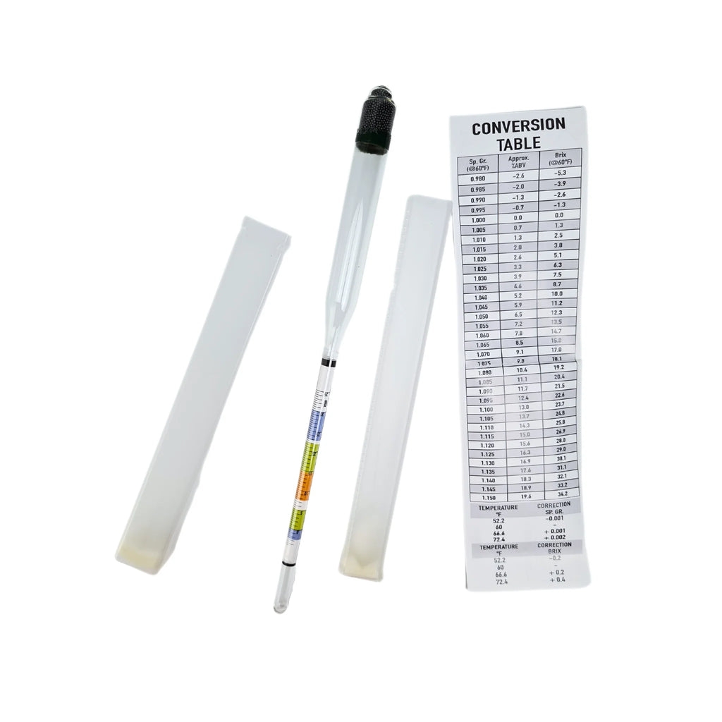 FastRack triple scale brewing hydrometer for alcohol measurement, shown floating in a test jar with clear readings visible.