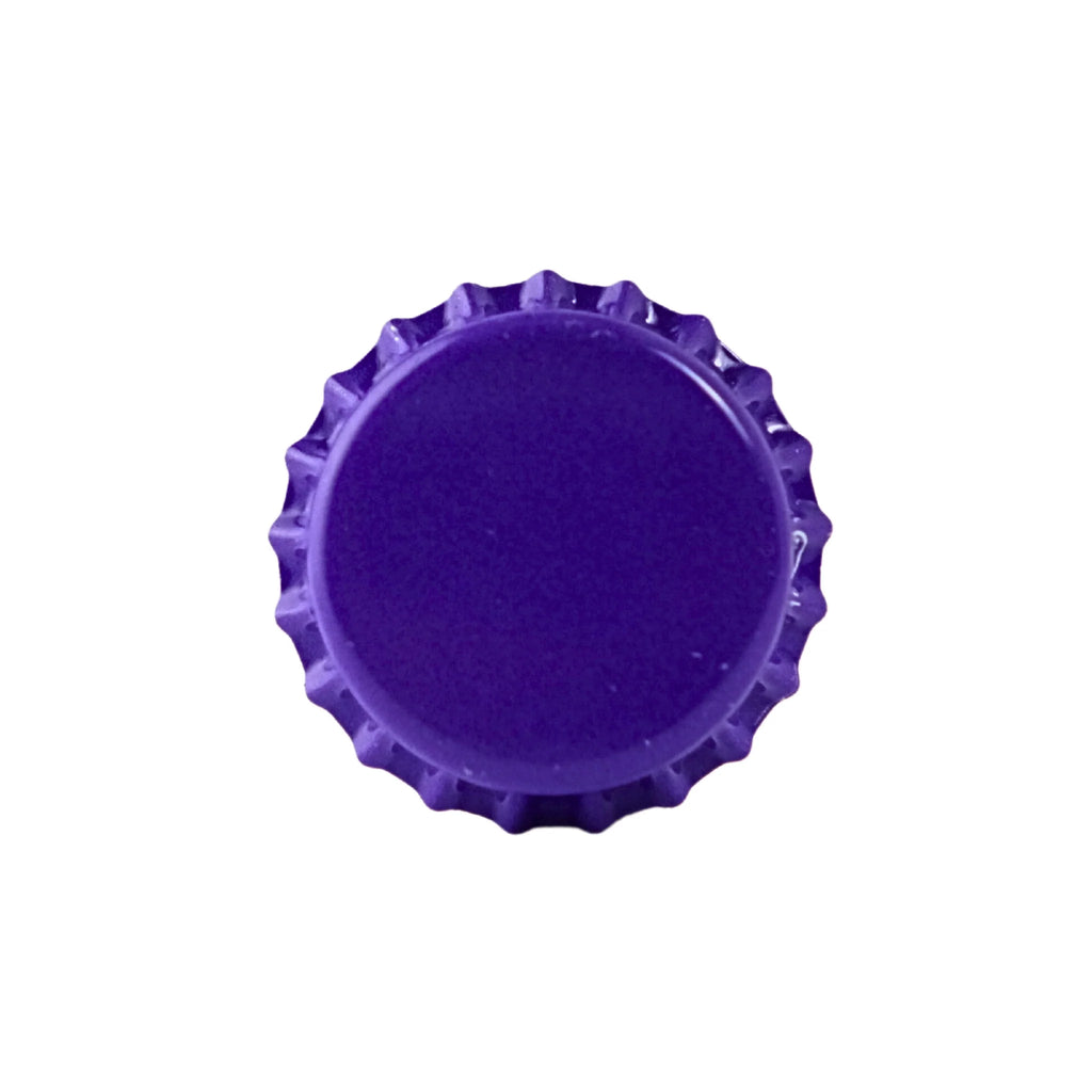 Purple FastRack oxygen absorbing beer bottle caps with sealing ridges, designed to preserve beer freshness.