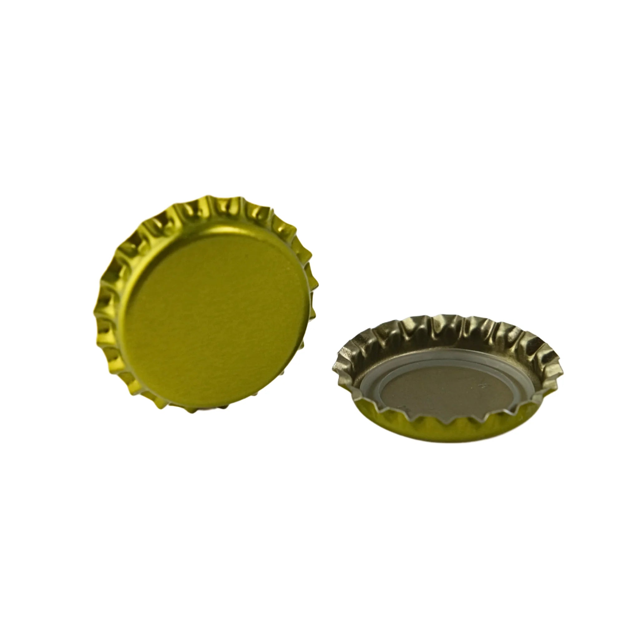 Gold oxygen absorbing beer bottle caps by FastRack, featuring a close-up of the beer caps with a shiny metallic finish.