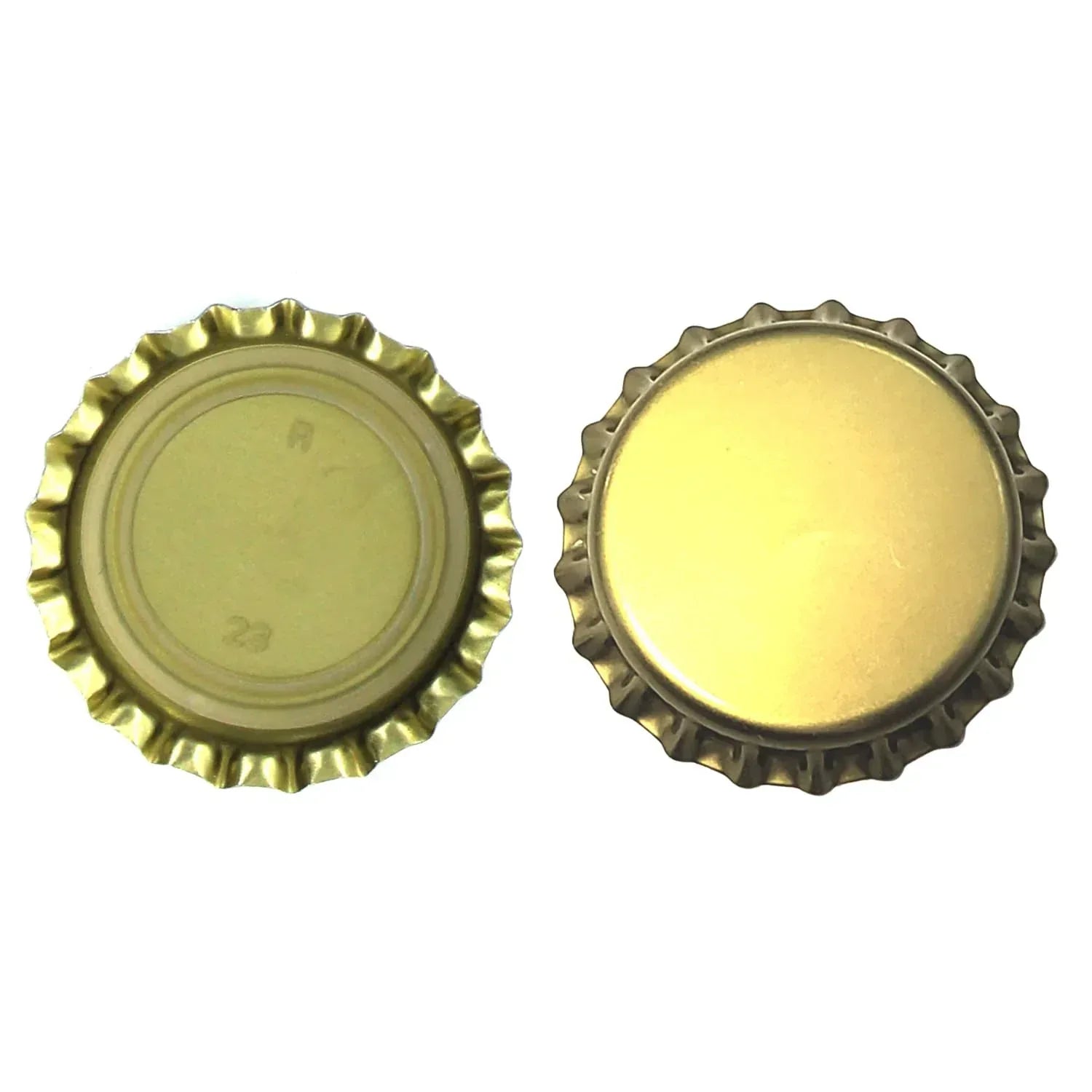 Gold oxygen absorbing beer bottle caps by FastRack, shown on a display, designed to preserve beer freshness and carbonation.