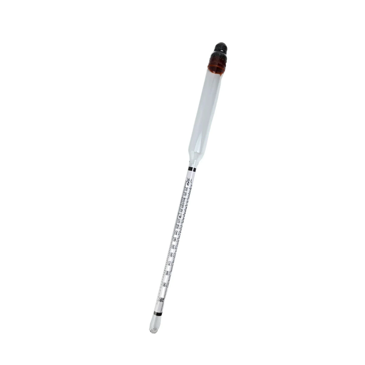 FastRack alcohol hydrometer for 0–200 proof and Tralle measurements, with a clear glass tube and detailed measurement scale.