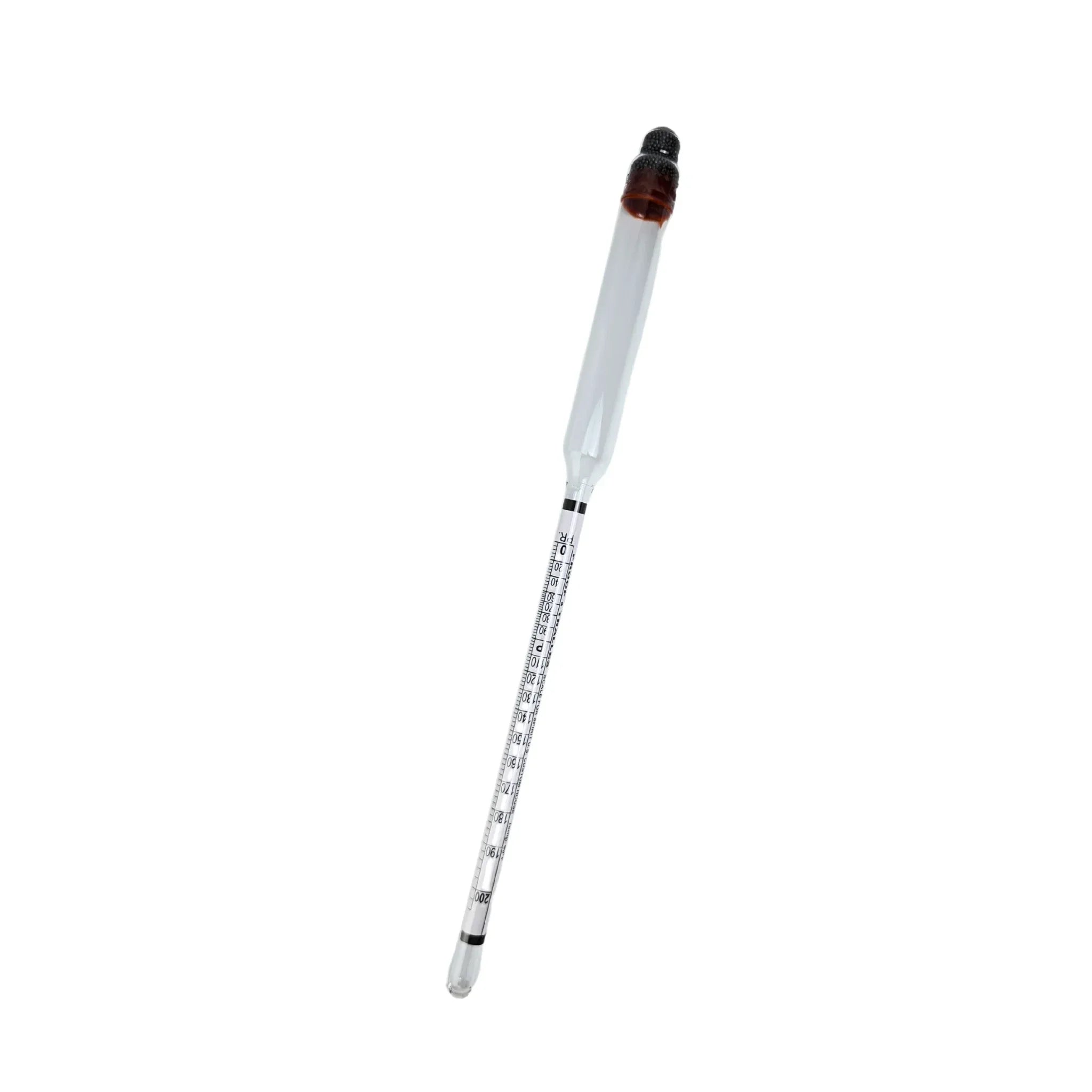 FastRack alcohol hydrometer for 0–200 proof and Tralle measurements, with a clear glass tube and detailed measurement scale.