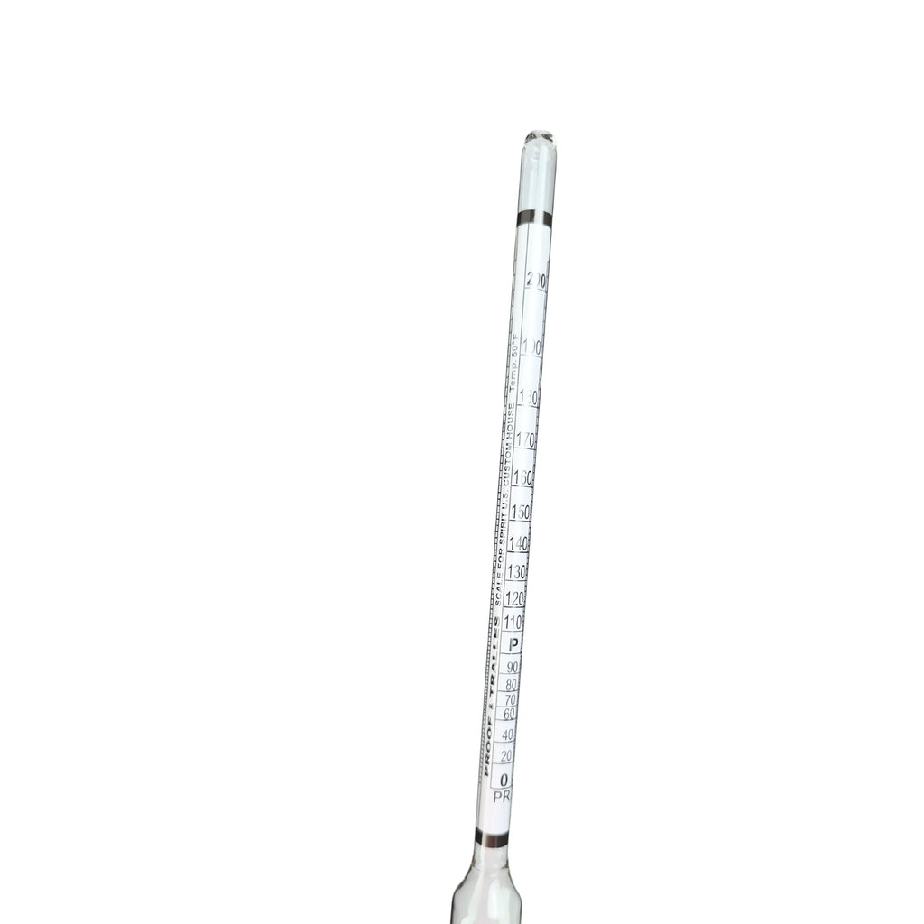 FastRack alcohol hydrometer measuring 0–200 proof and Tralle hydrometer for testing alcohol concentration in liquids.