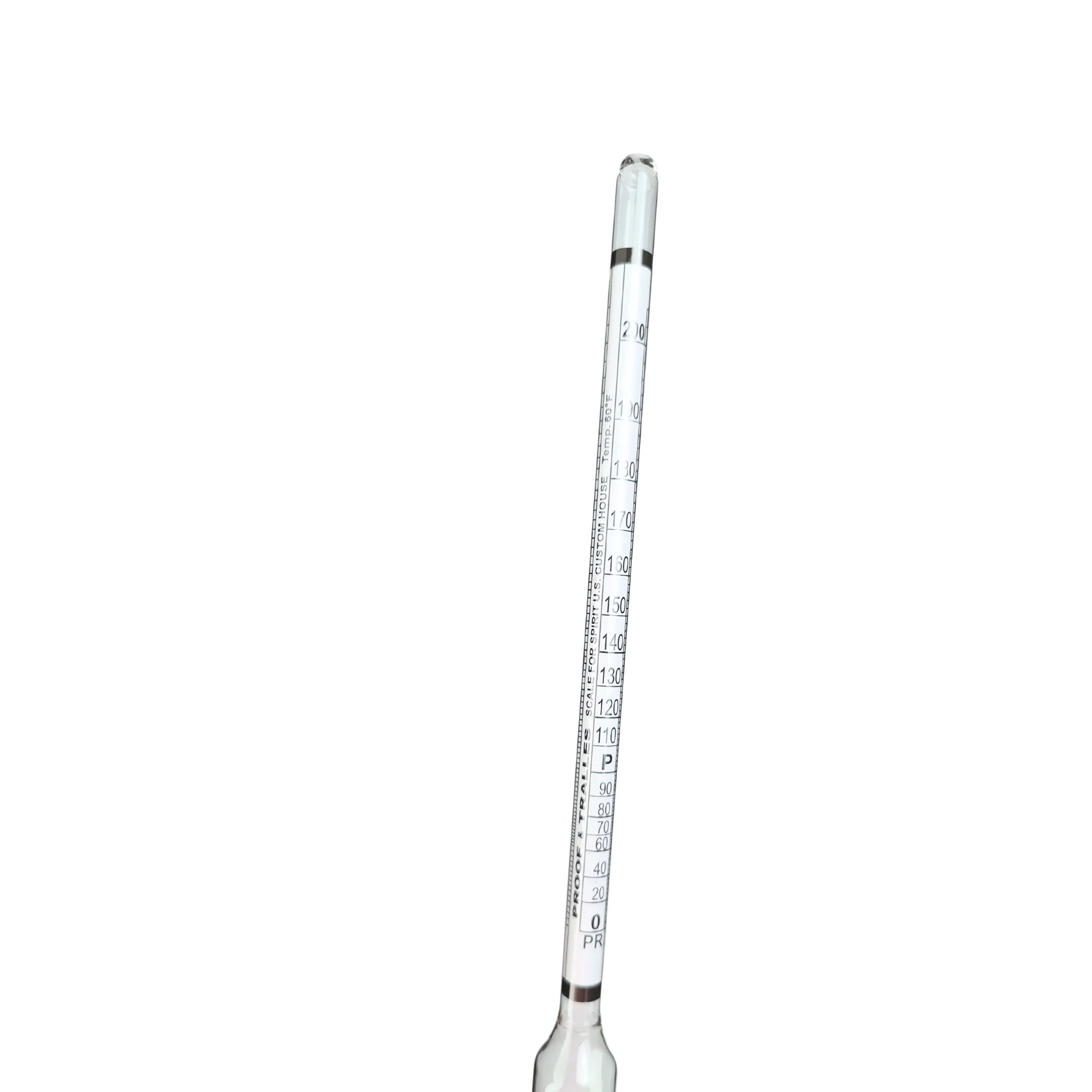 FastRack alcohol hydrometer measuring 0–200 proof and Tralle hydrometer for testing alcohol concentration in liquids.