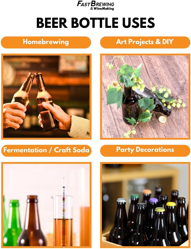 Set of 24 12 oz amber beer bottles from FastRack with clear glass and metal caps, arranged in a case for brewing or storage.