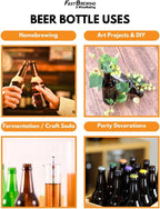 Set of 24 12 oz amber beer bottles from FastRack with clear glass and metal caps, arranged in a case for brewing or storage.