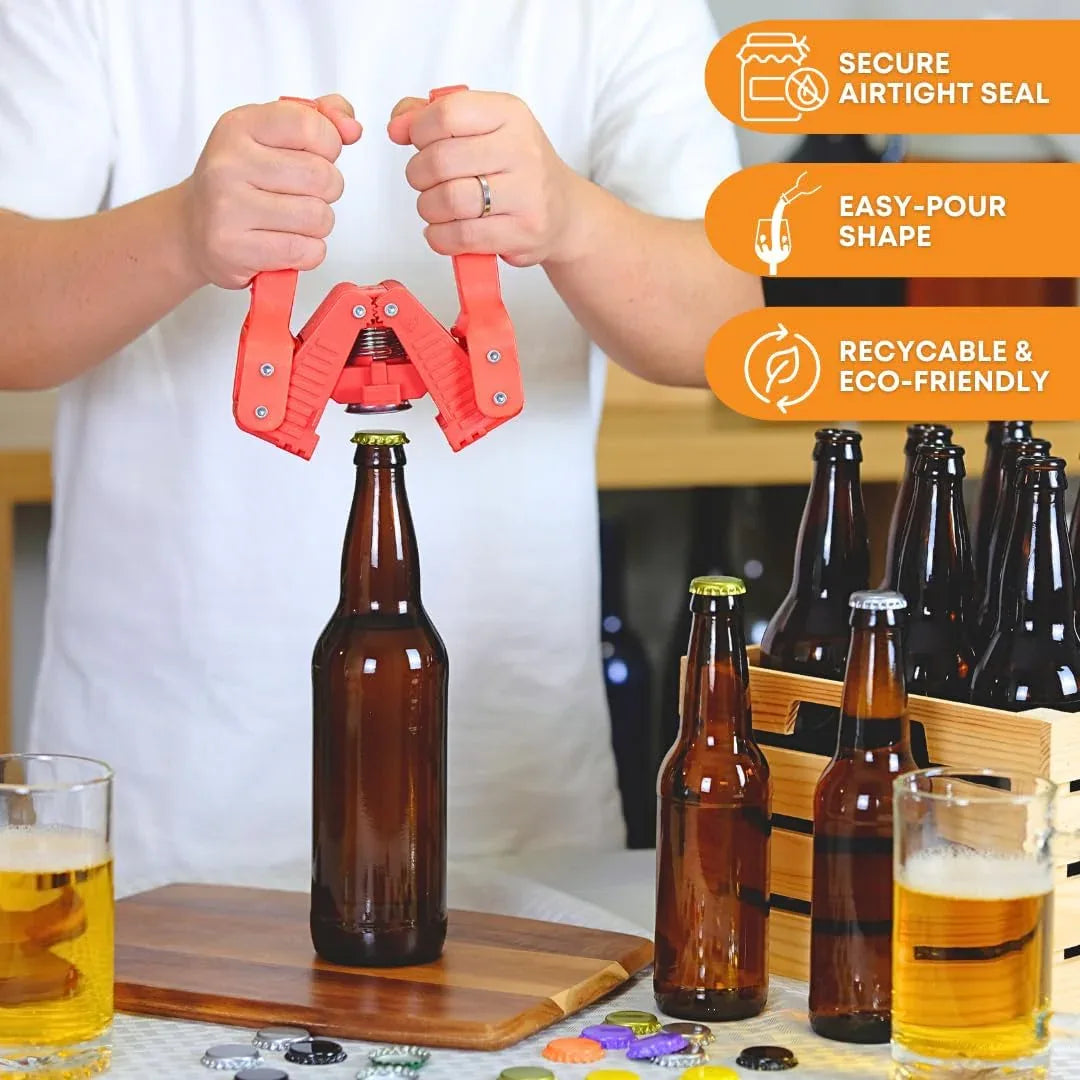 Set of 24 amber beer bottles, 12 oz each, from FastRack, arranged in a case for home brewing or storage.