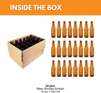 Set of 24 12 oz amber beer bottles from FastRack, showing clean glass bottles with metal caps, stacked together.