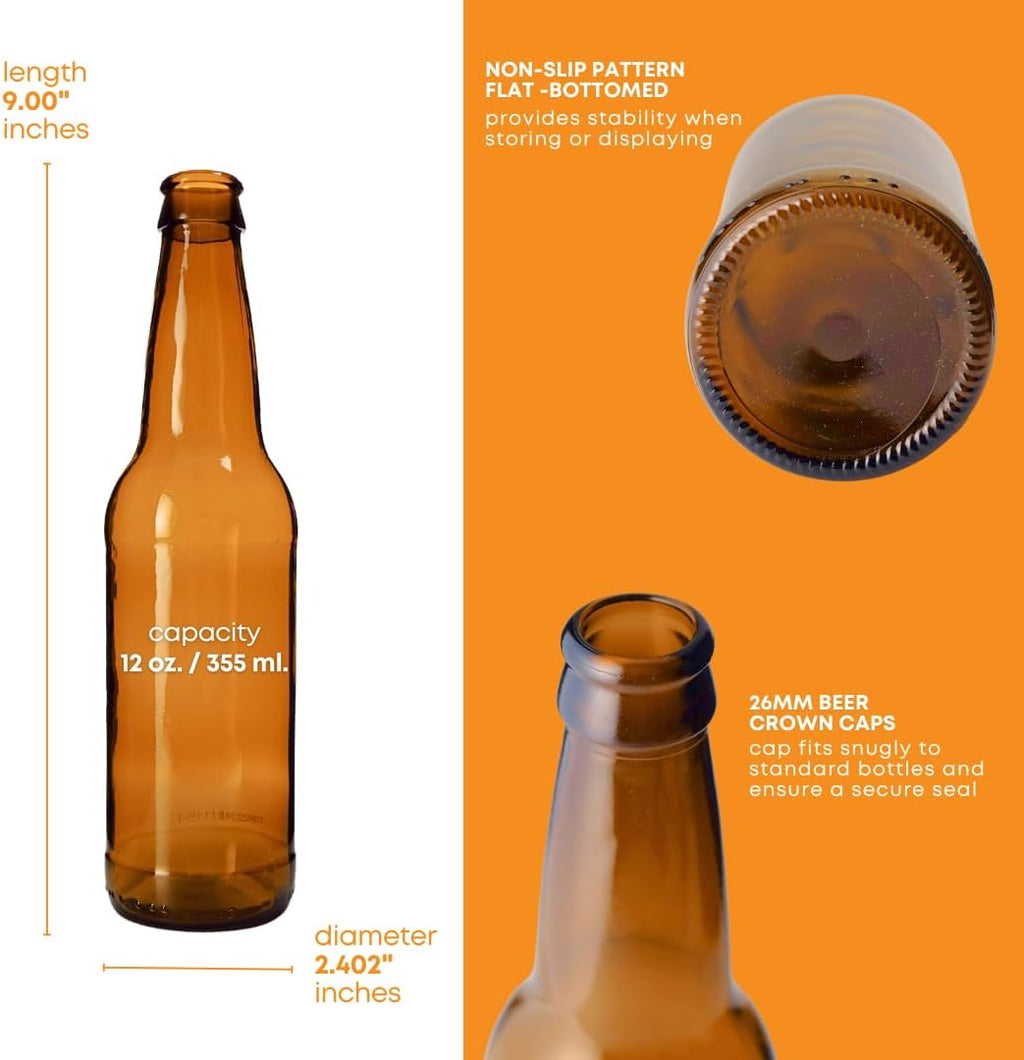 Set of 24 amber beer bottles, 12 oz each, from FastRack, arranged in a case for brewing or storage purposes.