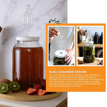 Twin Bubble Fermentation Airlock by FastRack, clear plastic air lock with two chambers for home brewing fermentation process.