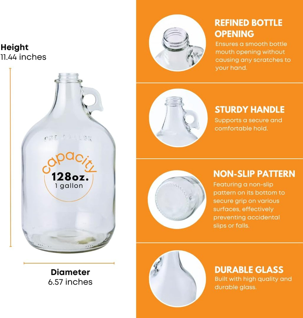 Set of four 1-gallon glass fermentation jugs by FastRack, featuring clear glass and wide mouths for home brewing.