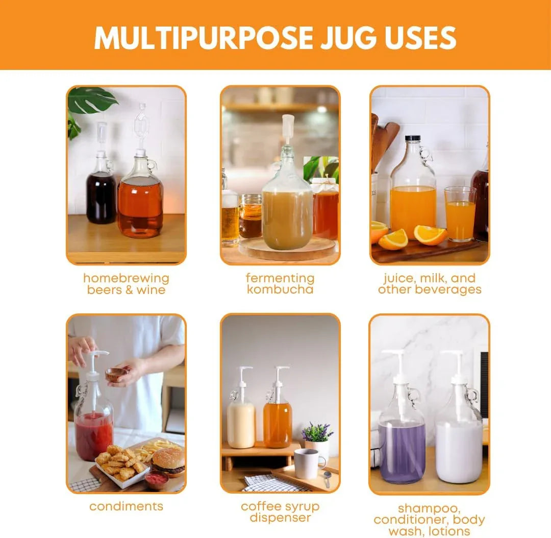 Set of four 1-gallon glass fermentation jugs by FastRack, featuring clear glass and wide mouths for home brewing.