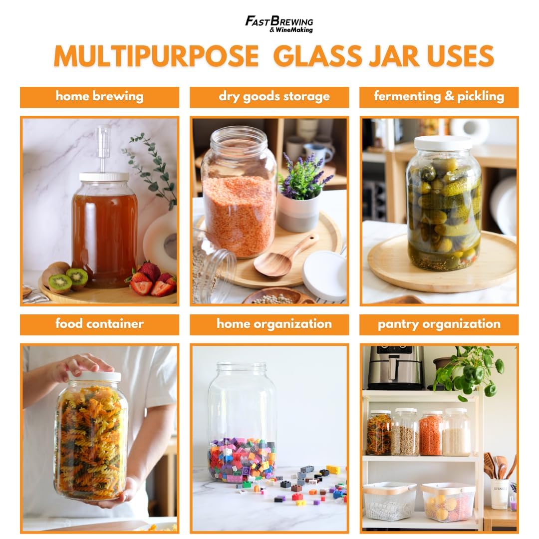 Set of four FastRack 1-gallon clear glass brewing and fermentation jars with metal lids for home brewing and fermentation projects.