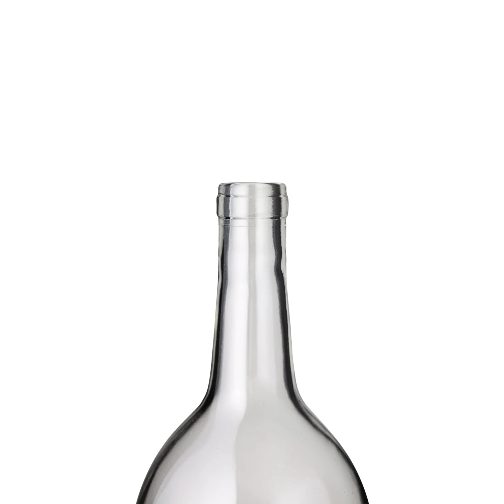 Six 1.5L W26 Bordeaux wine bottles in clear glass by FastRack, arranged in a case, showcasing their elegant design.