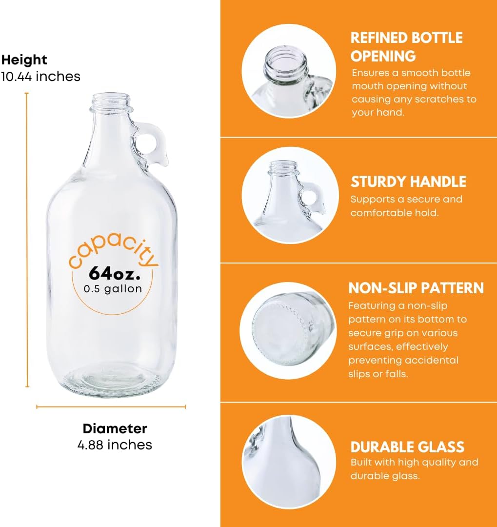 Six 0.5-gallon glass fermentation jugs by FastRack, clear containers with wide mouths and screw-on lids for brewing or fermentation.