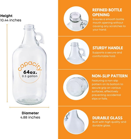 Six 0.5-gallon glass fermentation jugs by FastRack, clear containers with wide mouths and screw-on lids for brewing or fermentation.